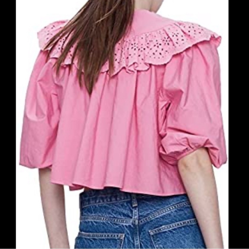 ZARA Eyelet Frilled Poplin Blouse Top Pink XSMALL Balloon Sleeve Women’s NEW - Picture 8 of 16